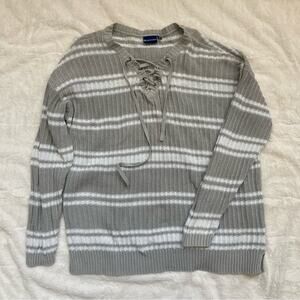 Northcrest  chunky cozy gray white striped cable knit sweater laced neck size 1X